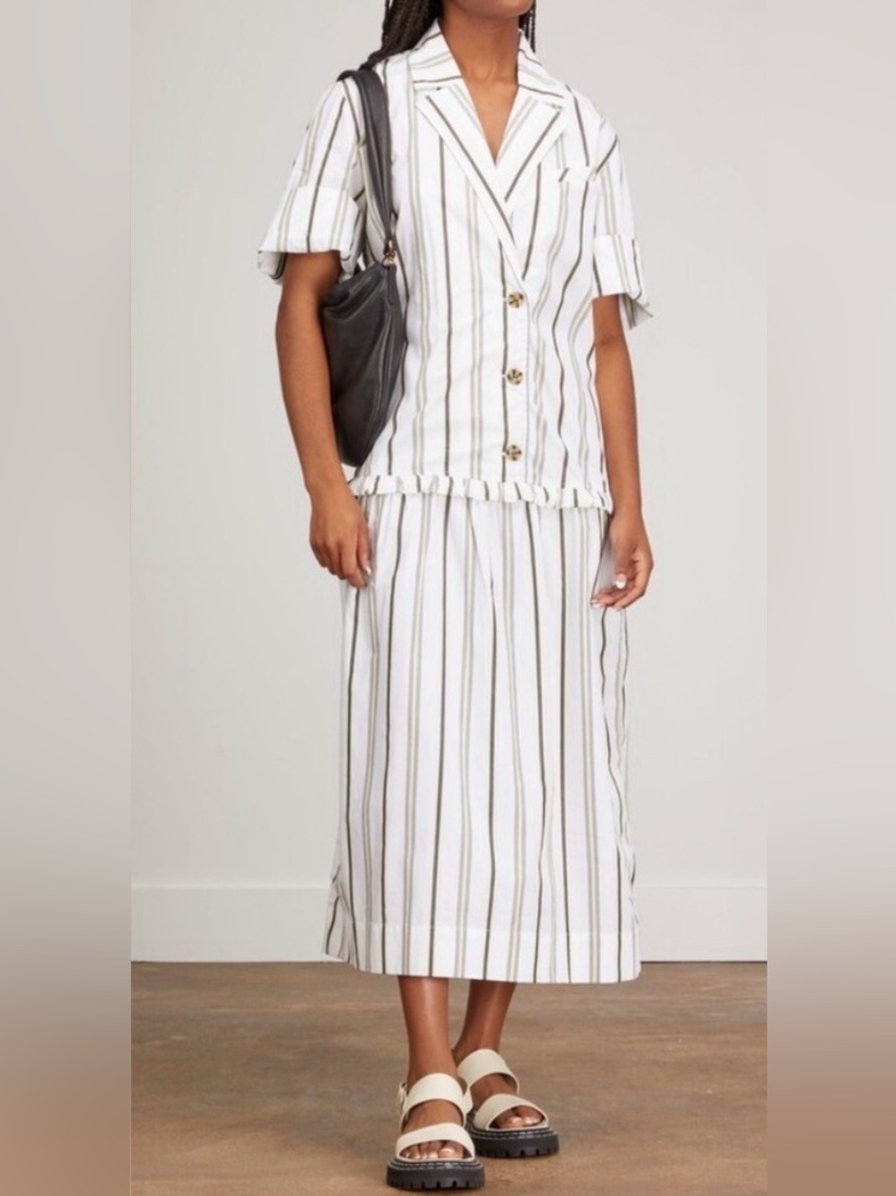 GANNI Striped Shirt Dress EU 36 NWT Pockets Ruffle Drop Waist Cotton